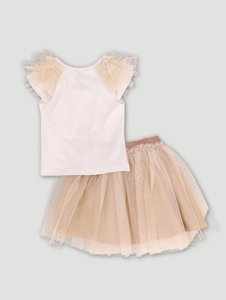 Pre-Girls Heart Sequin Tee & Mesh Skirt Set - Cream