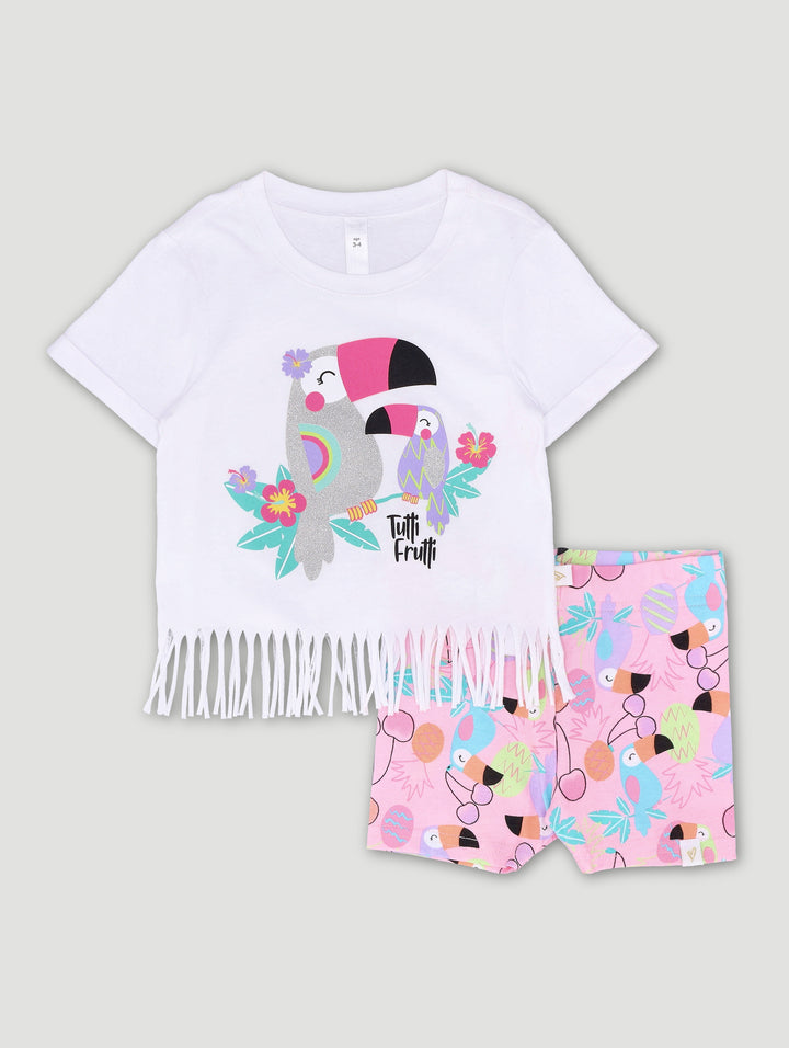 Pre-Girls Tutti Fruity Tassle Tee & Cycle Short Set - White