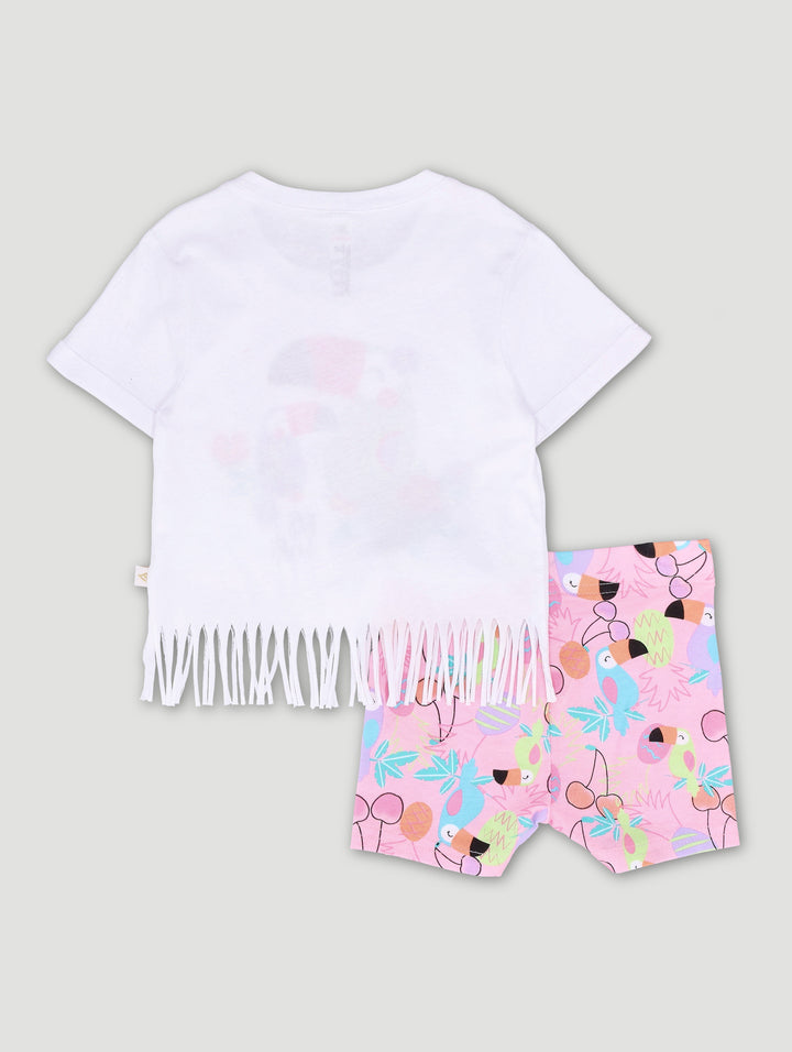 Pre-Girls Tutti Fruity Tassle Tee & Cycle Short Set - White