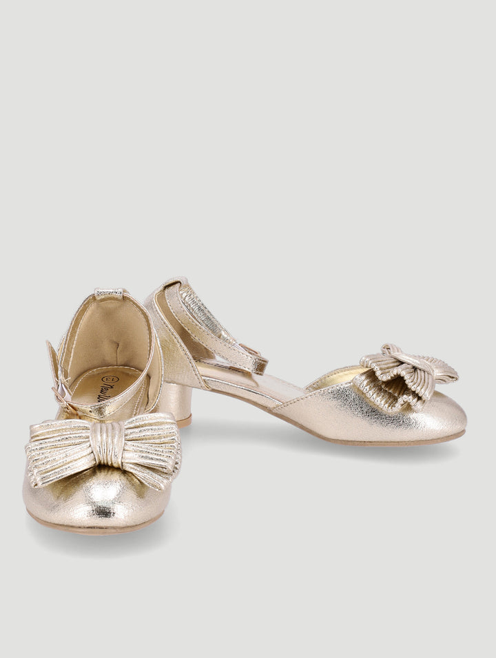 Girls Crinkle Bow Heeled Sandal - Gold