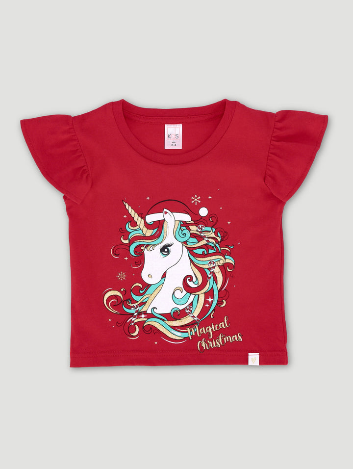 Pre-Girls Unicorn Christmas Tee - Red