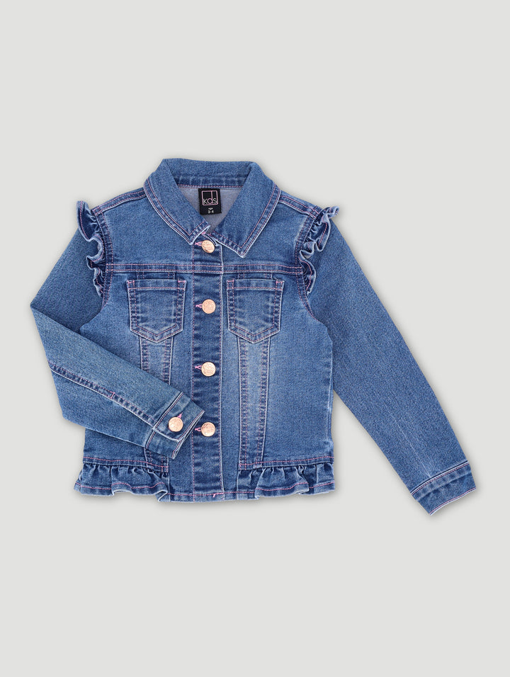 Pre-Girls Frill Denim Jacket - Mid Blue