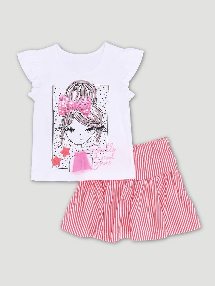 Pre-Girls Tee & Stripe Skirt Set - Coral