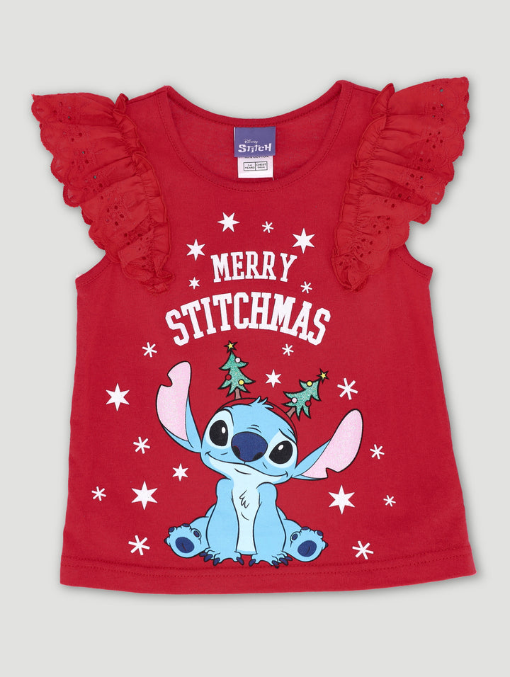 Pre-Girls Lilo & Stitch Anglaise Sleeve Christmas Top - Red