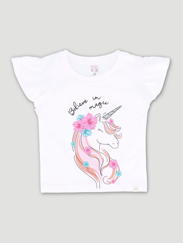 Pre-Girls Shoulder Frill Unicorn Tee - White