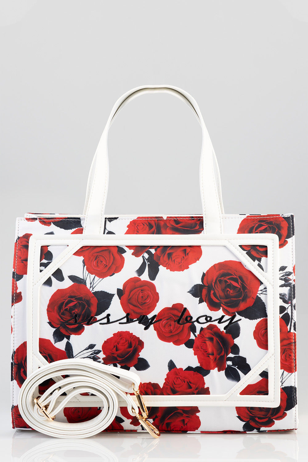 Rose Printed Tote Bag - White/Red