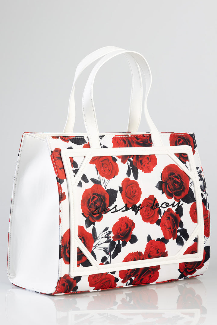 Rose Printed Tote Bag - White/Red