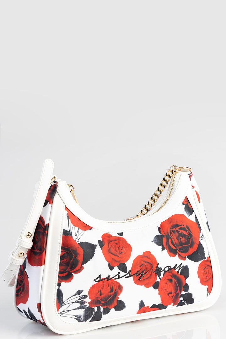 Rose Printed Shoulder Bag - White/Red