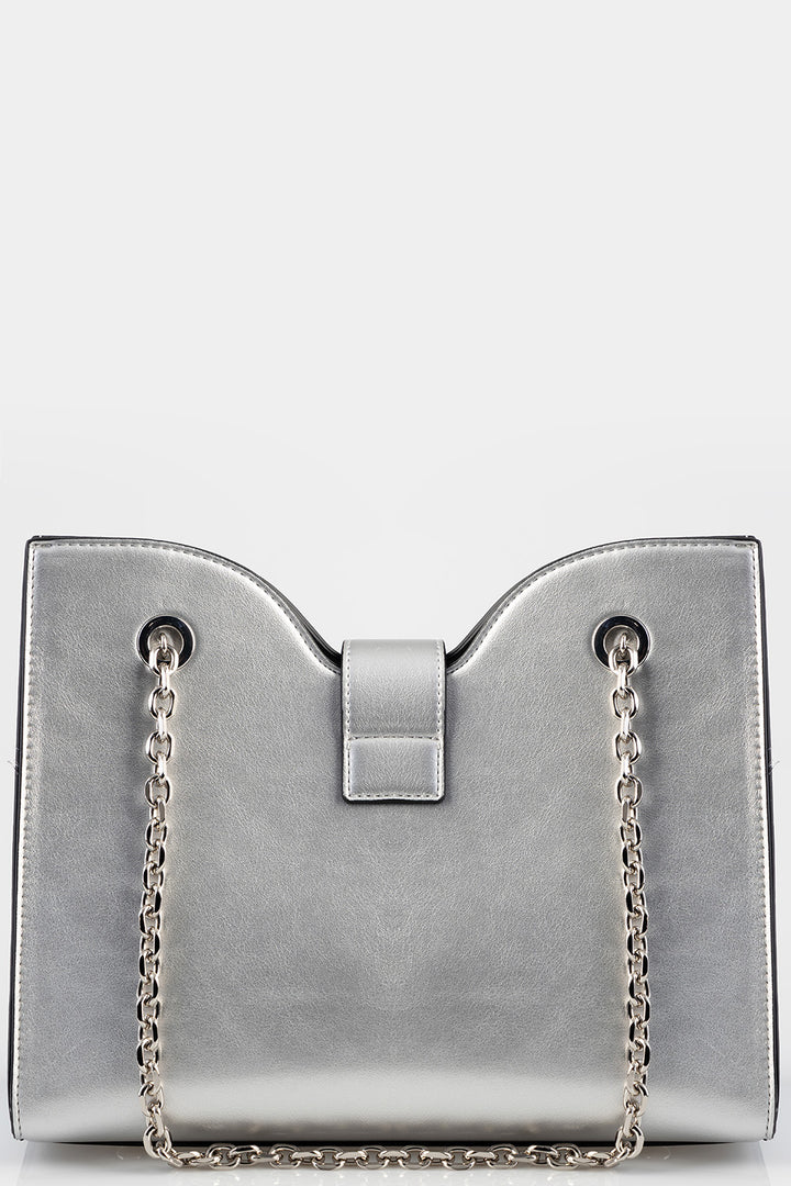 Structured Tote Bag With Chain Strap - Silver