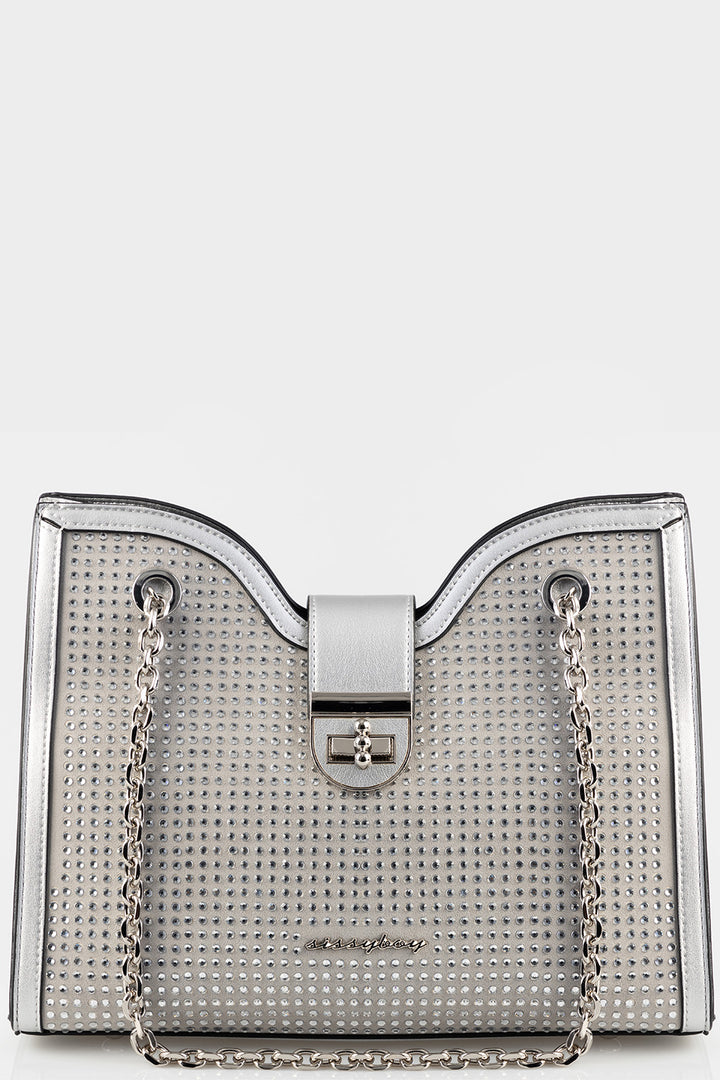 Structured Tote Bag With Chain Strap - Silver