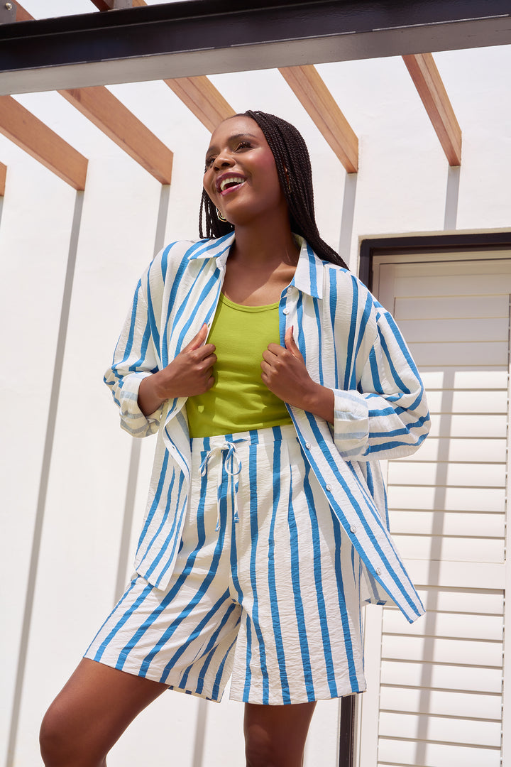 Wavy Stripe Oversized Shirt - White/Blue