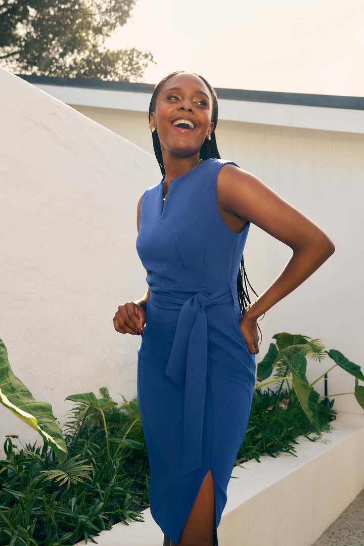 V-Neck Notch Belted Pencil Dress - Cobalt