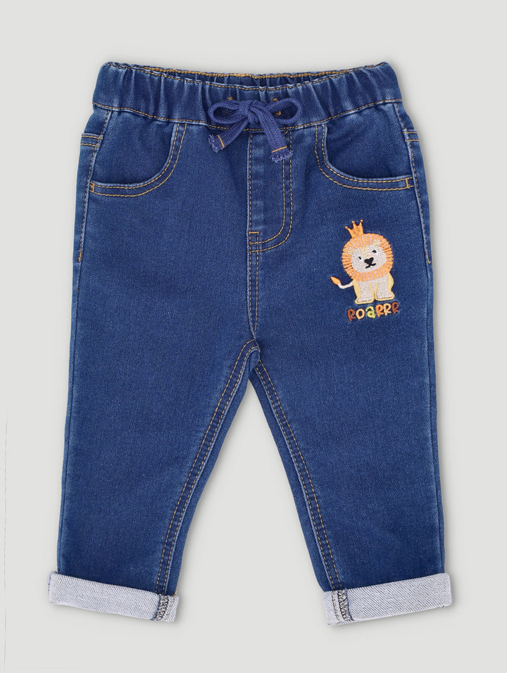 Baby Boys Knit Occasion Jogger With Embroidery Lion - Denim