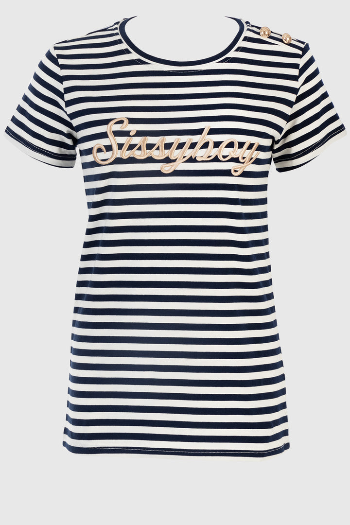 Stripe Tee With Raised Embroidery - Navy/White