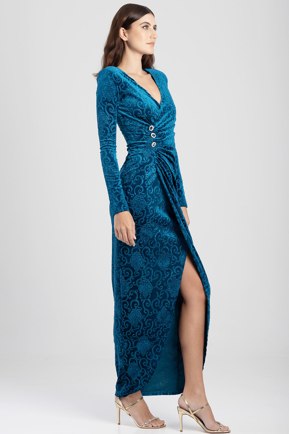 Long Sleeve Wrap Velvet Maxi Dress - Teal