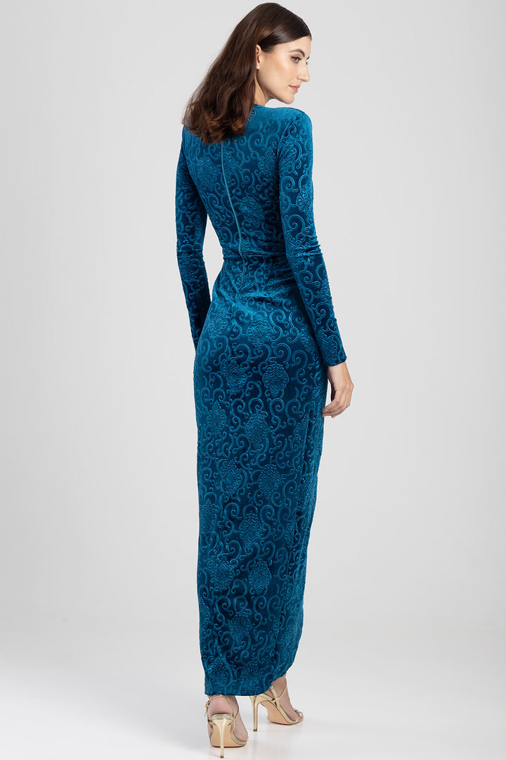 Long Sleeve Wrap Velvet Maxi Dress - Teal