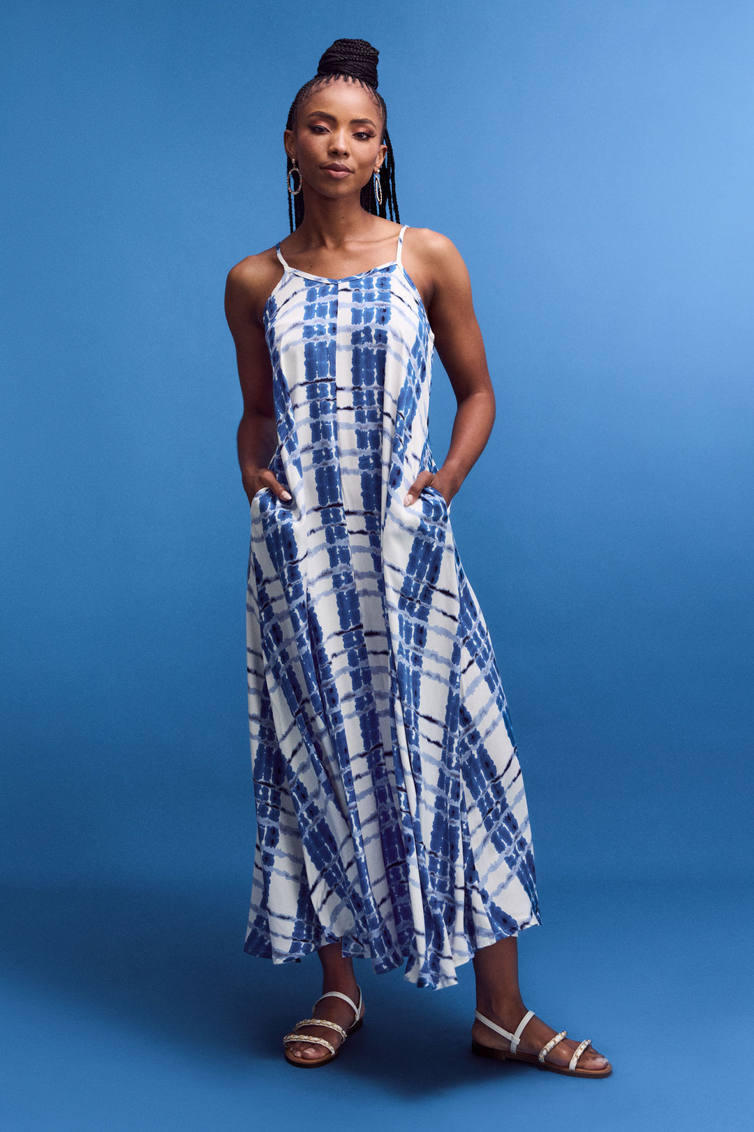 Strappy Slip Tie-Dye Check Maxi Dress - White/Blue