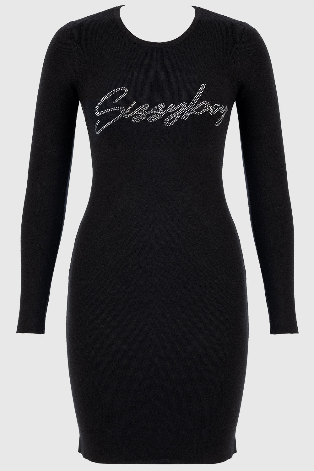 Fitted Rib Knit Bling Logo Dress - Black