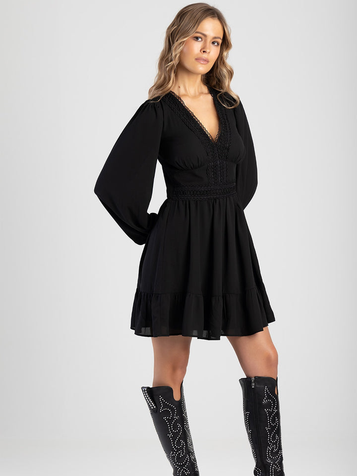 Mini Dress With Trim & Gauging - Black