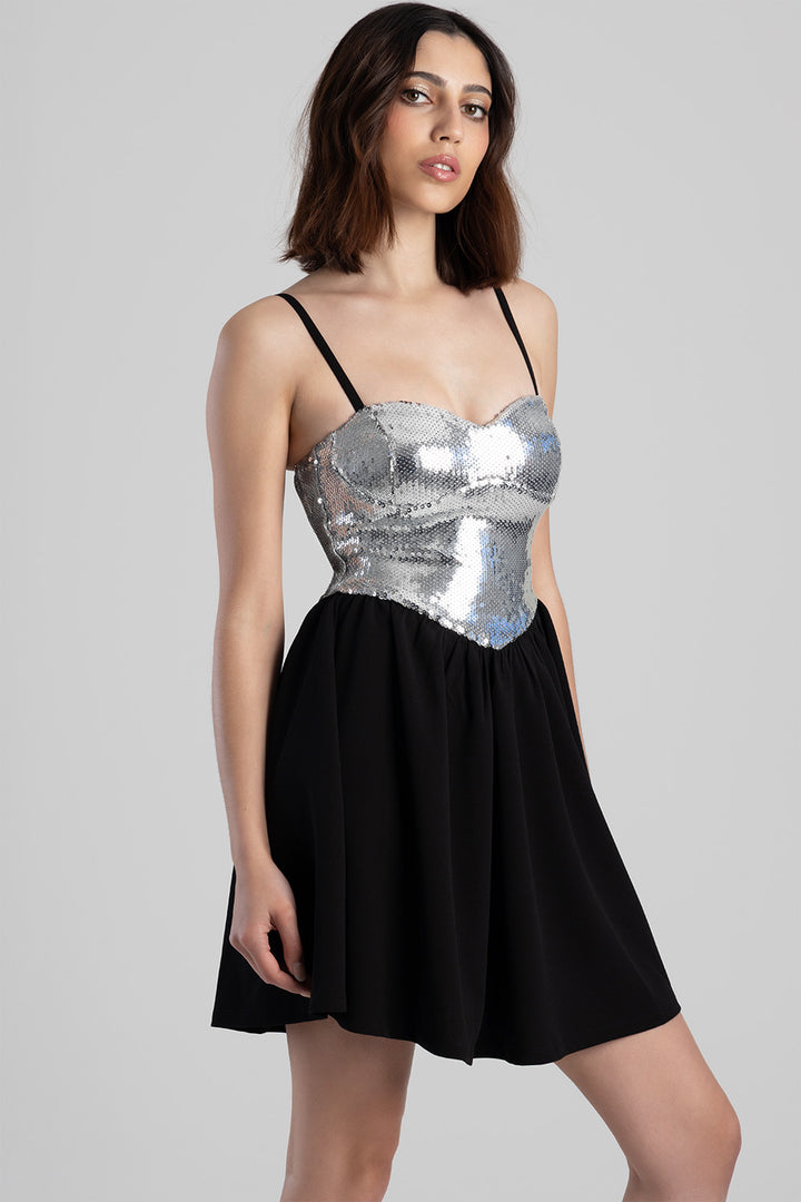 Sequin & Scuba Crepe Dress - Black