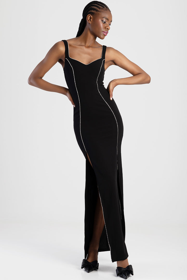 Diamante Trim And Split Detail Maxi Dress - Black