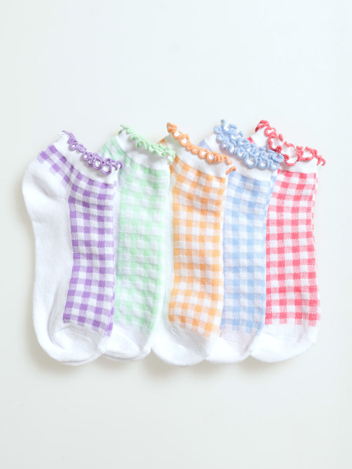 Girls 5 Pack Check Frill Low Cut Socks - White