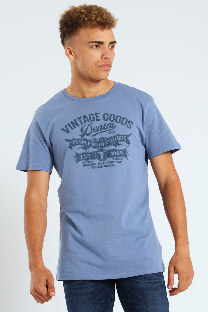 Short Sleeve Basic Print Tee - Light Blue