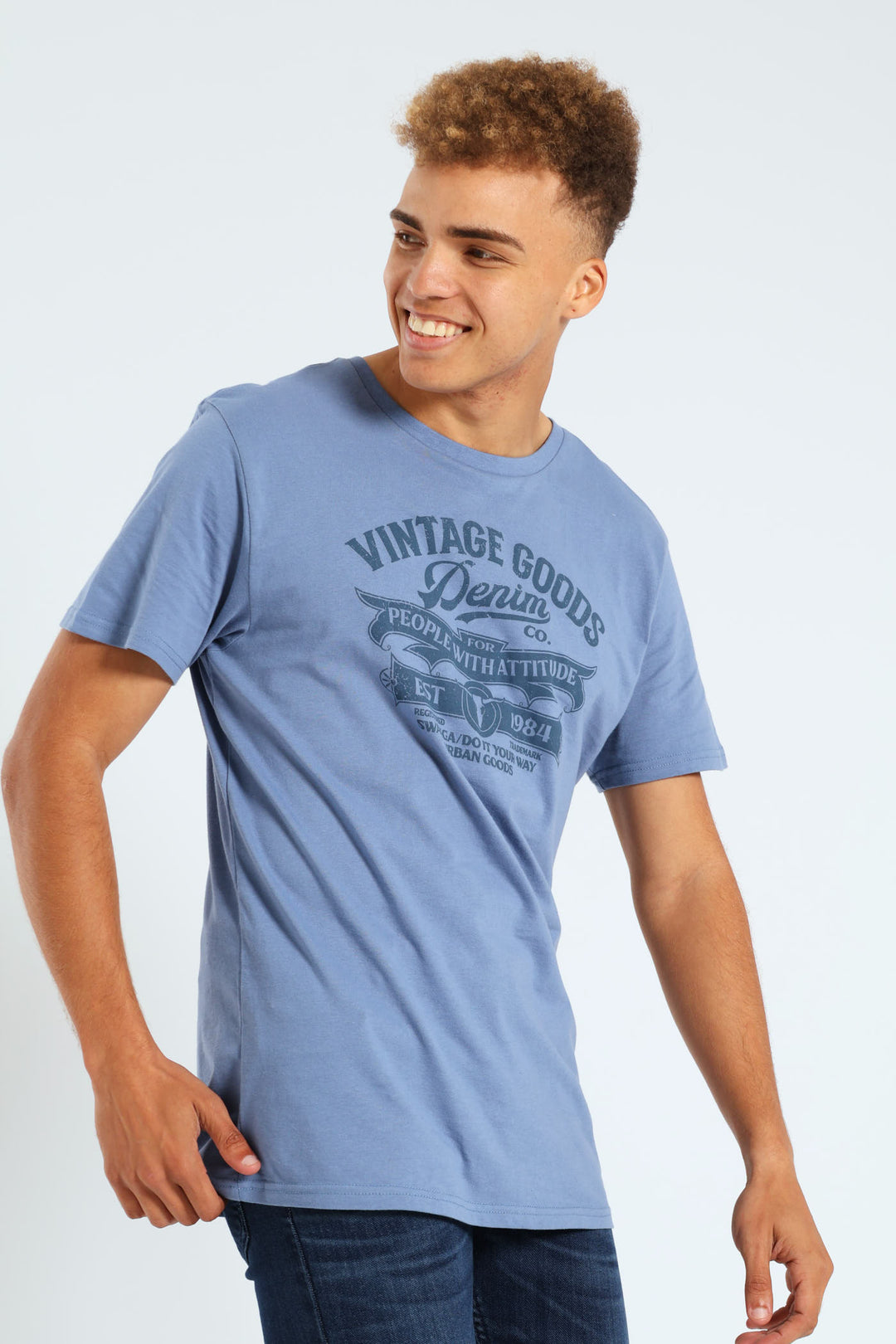 Short Sleeve Basic Print Tee - Light Blue