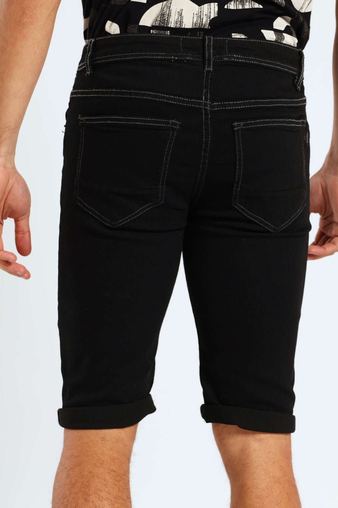 Grey Topstich Denim Turn Up Short - Black