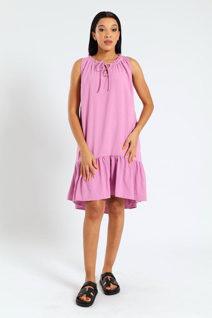 Sleeveless Frill Neck Drop Hem Dress - Mauve