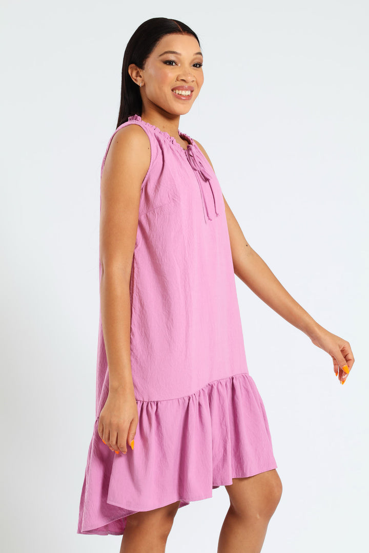 Sleeveless Frill Neck Drop Hem Dress - Mauve