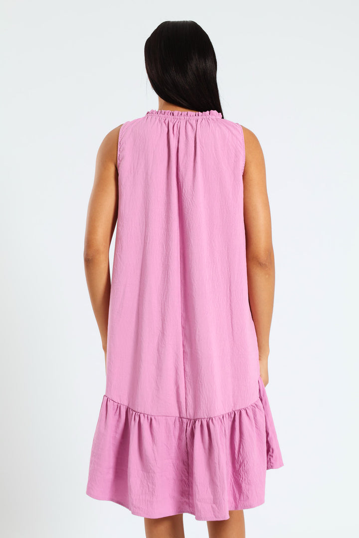 Sleeveless Frill Neck Drop Hem Dress - Mauve