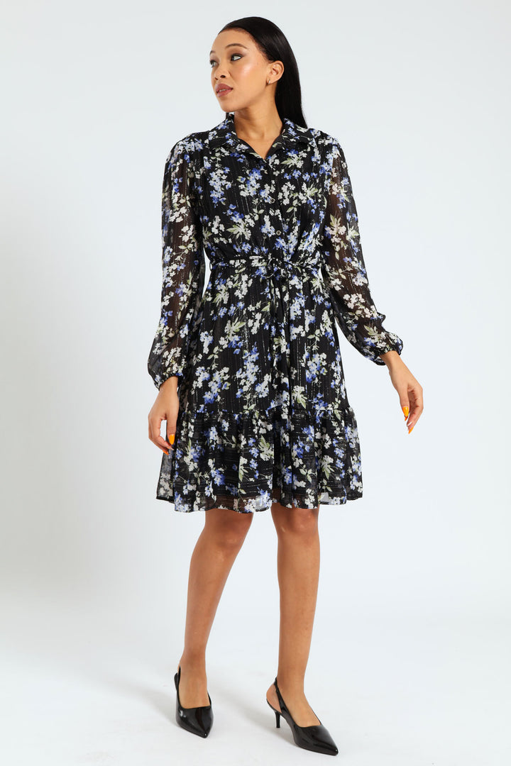 Button Through Tiered Frill Hem Tea Dress - Blue