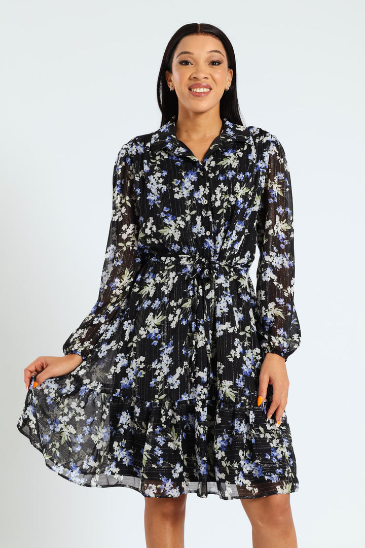 Button Through Tiered Frill Hem Tea Dress - Blue