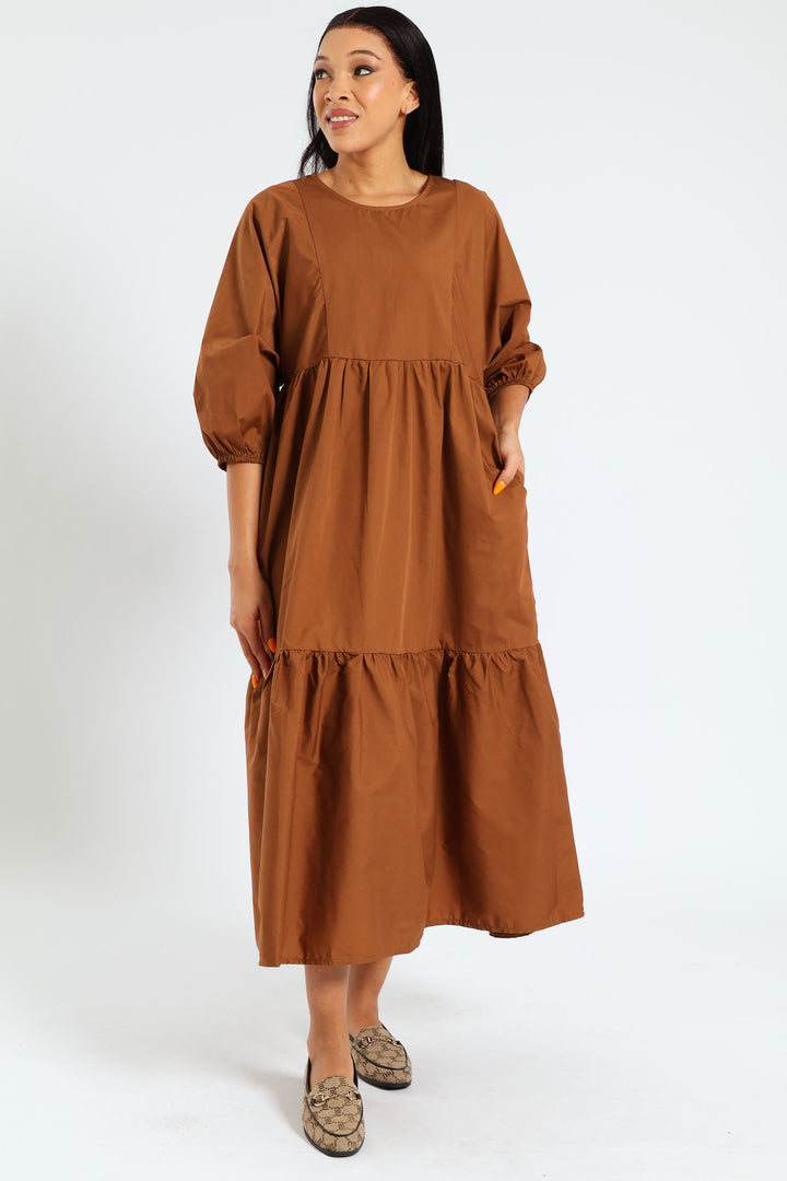 Round Neck Tiered Maxi Dress - Tobacco