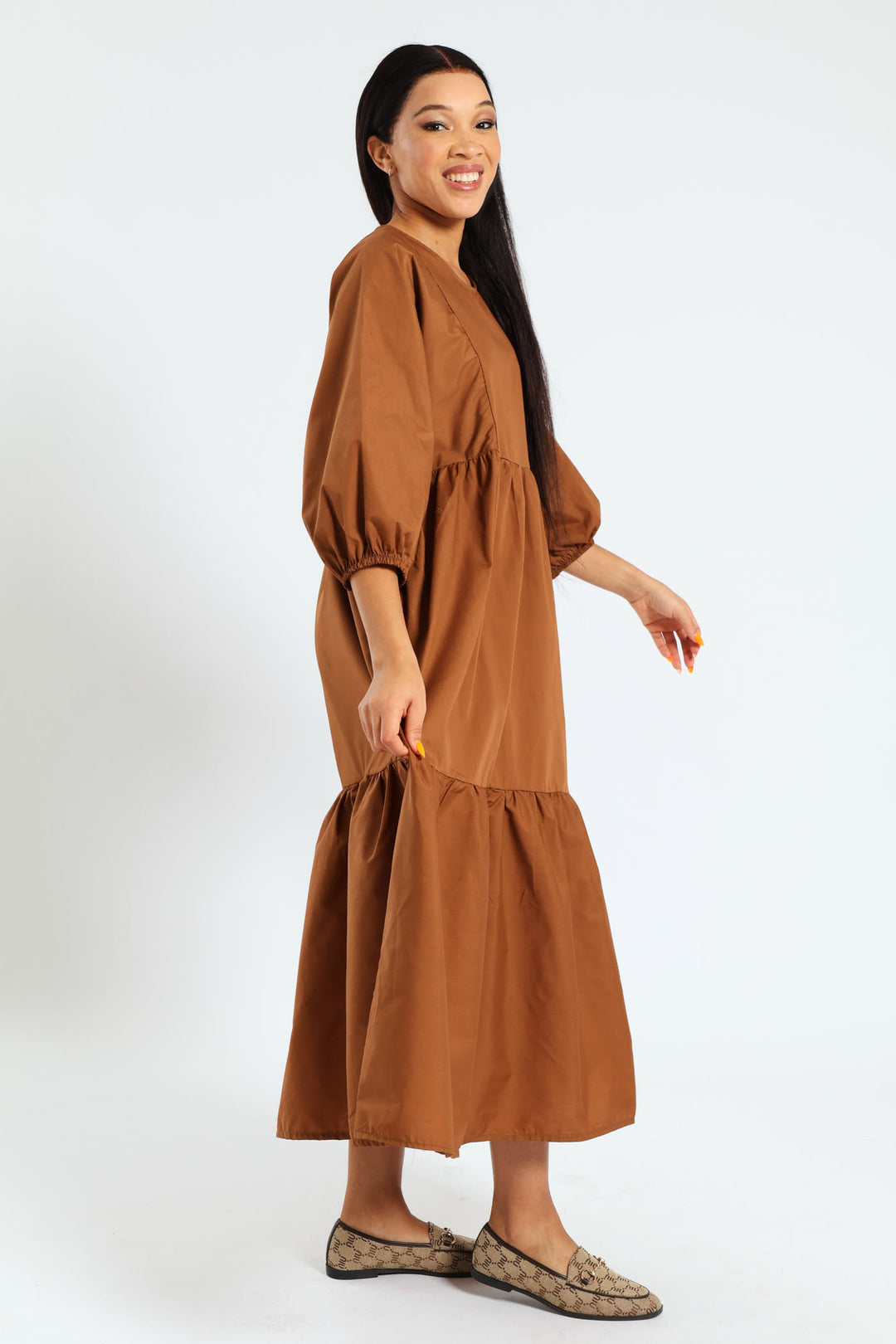 Round Neck Tiered Maxi Dress - Tobacco