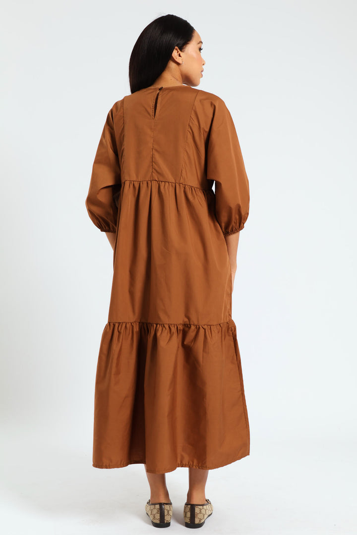 Round Neck Tiered Maxi Dress - Tobacco