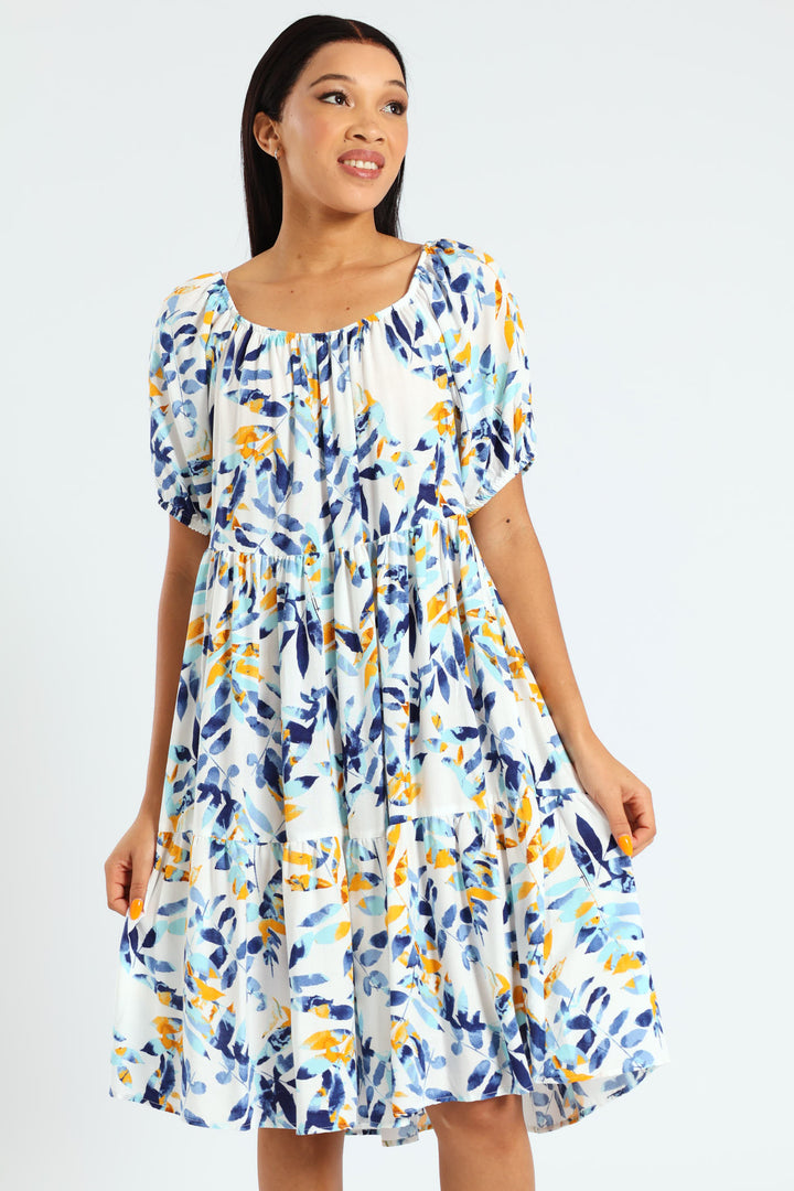 Leaf Printed Tiered Gypsy Midi Dress - White/Blue