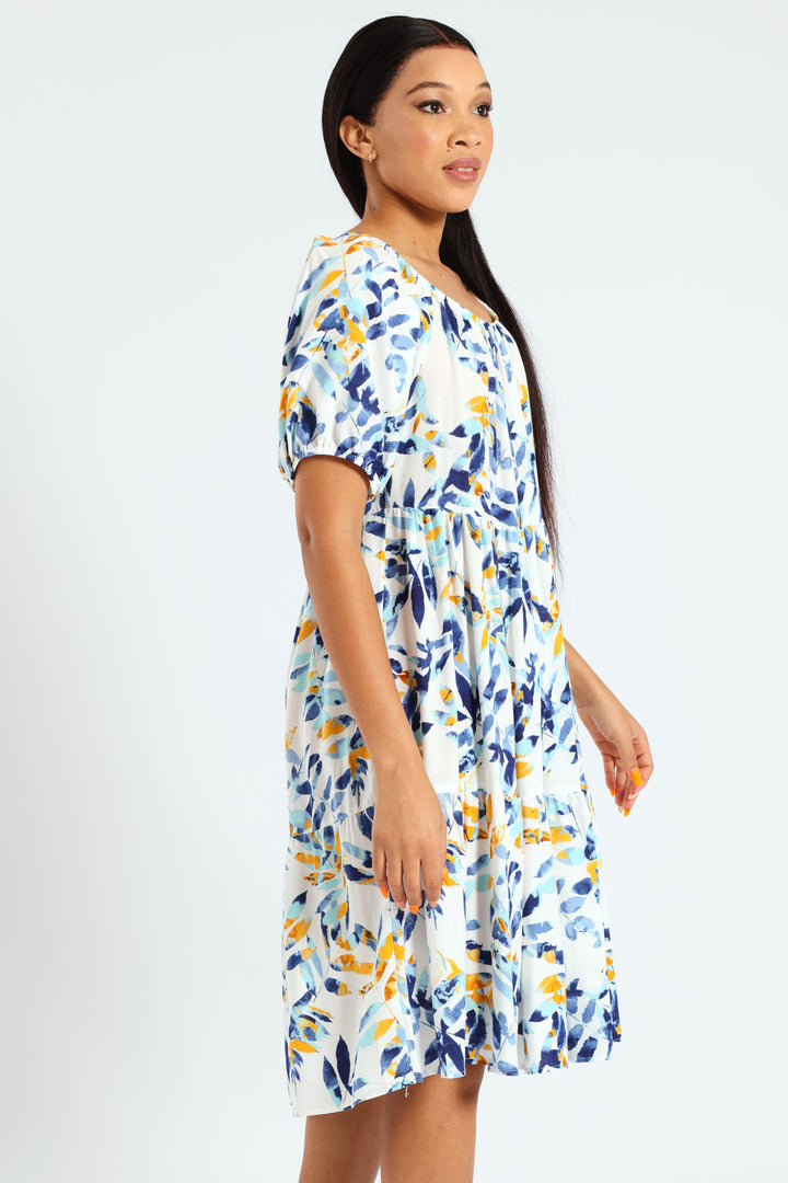 Leaf Printed Tiered Gypsy Midi Dress - White/Blue