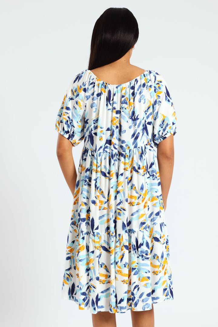 Leaf Printed Tiered Gypsy Midi Dress - White/Blue