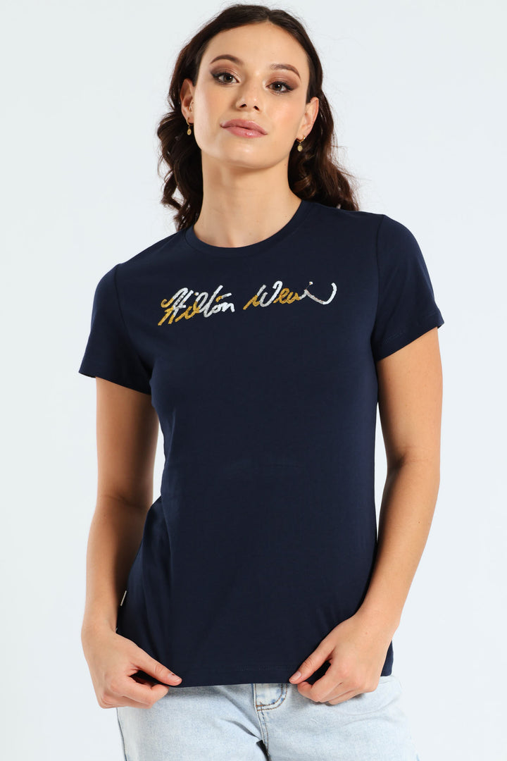 Ombre Sequins T-Shirt - Navy