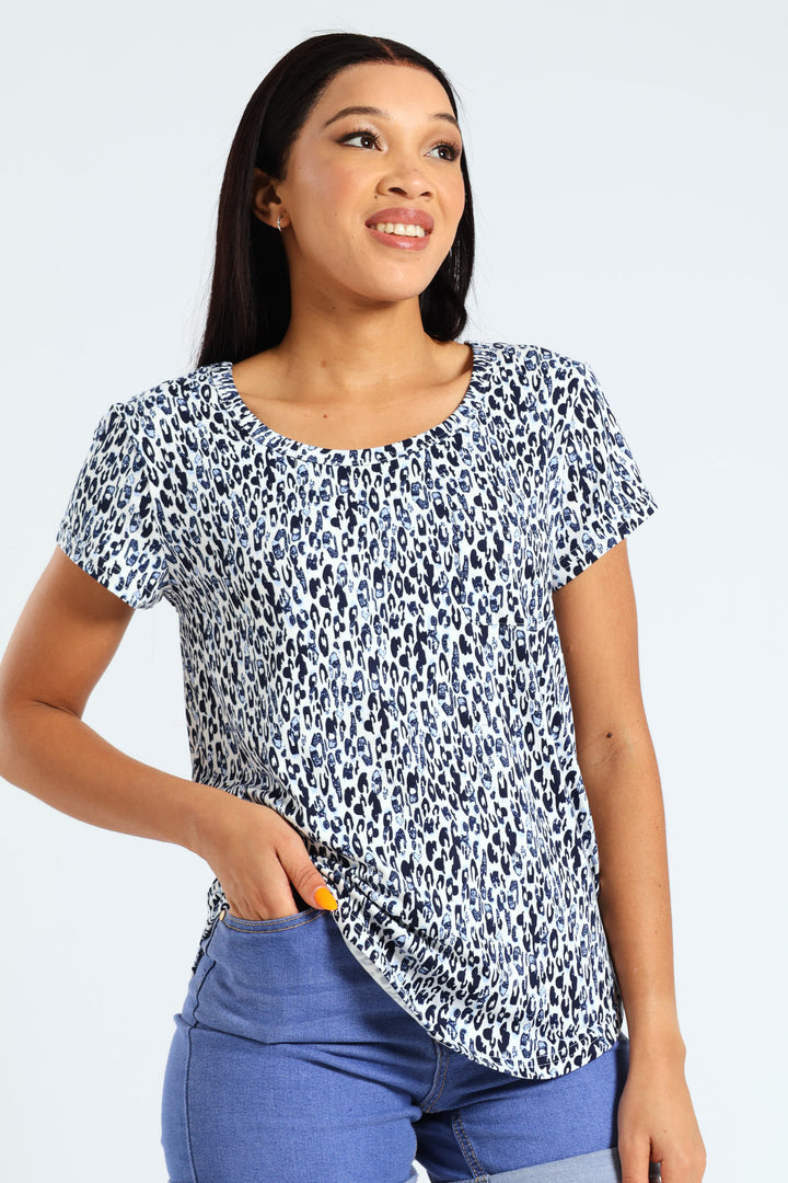 Animal Print Pocket Tee - White/Blue