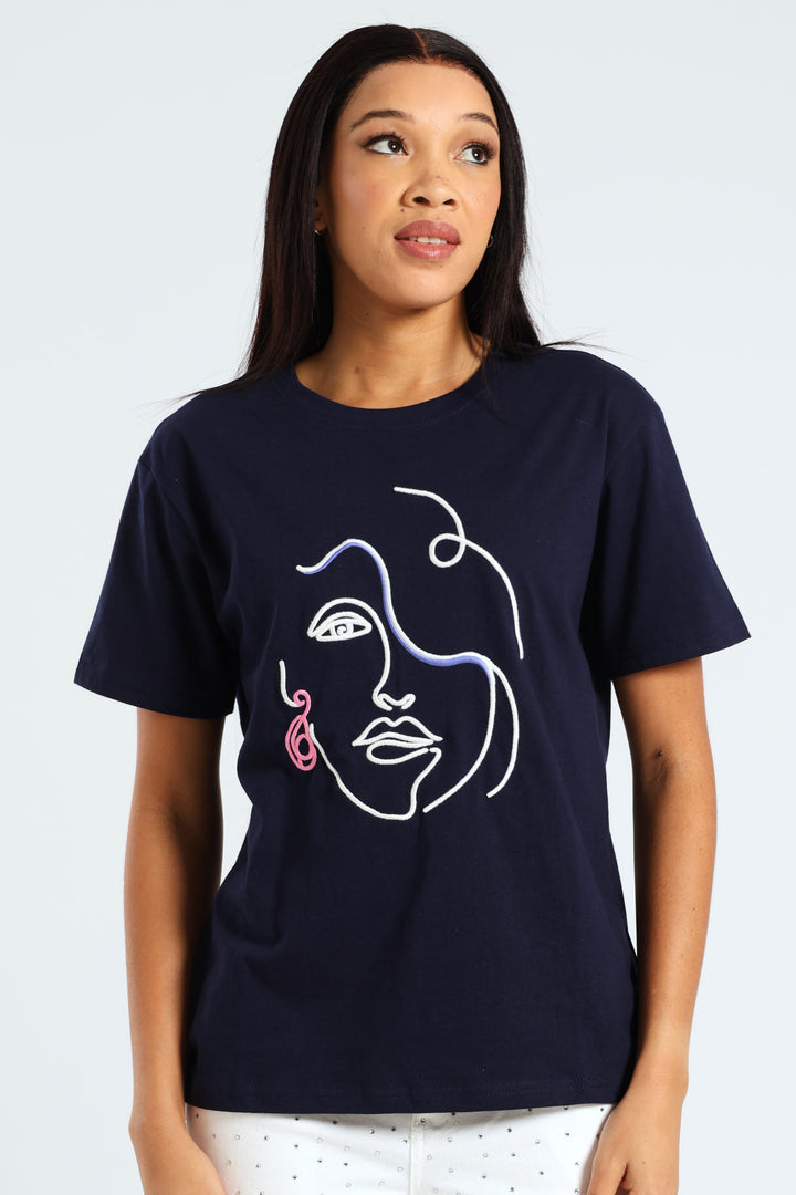 Embroidered Face With Earring Tee - Dark Navy