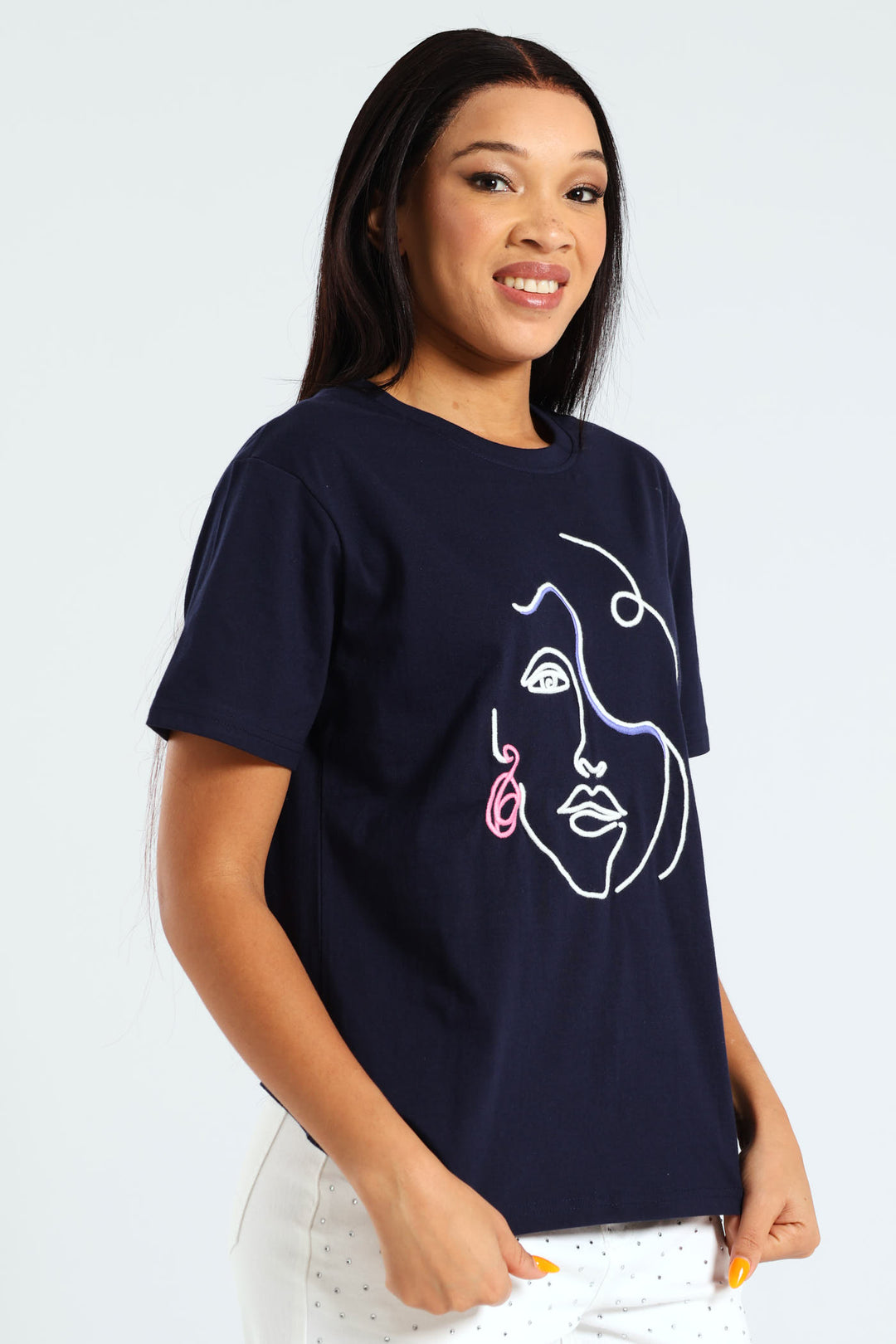 Embroidered Face With Earring Tee - Dark Navy