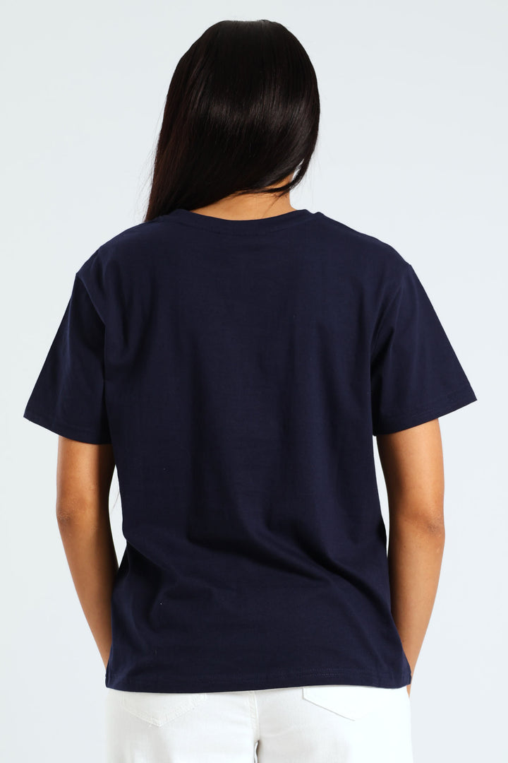 Embroidered Face With Earring Tee - Dark Navy