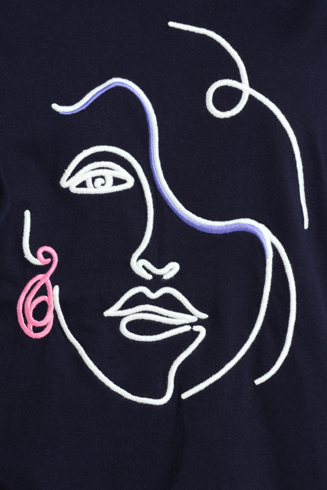 Embroidered Face With Earring Tee - Dark Navy