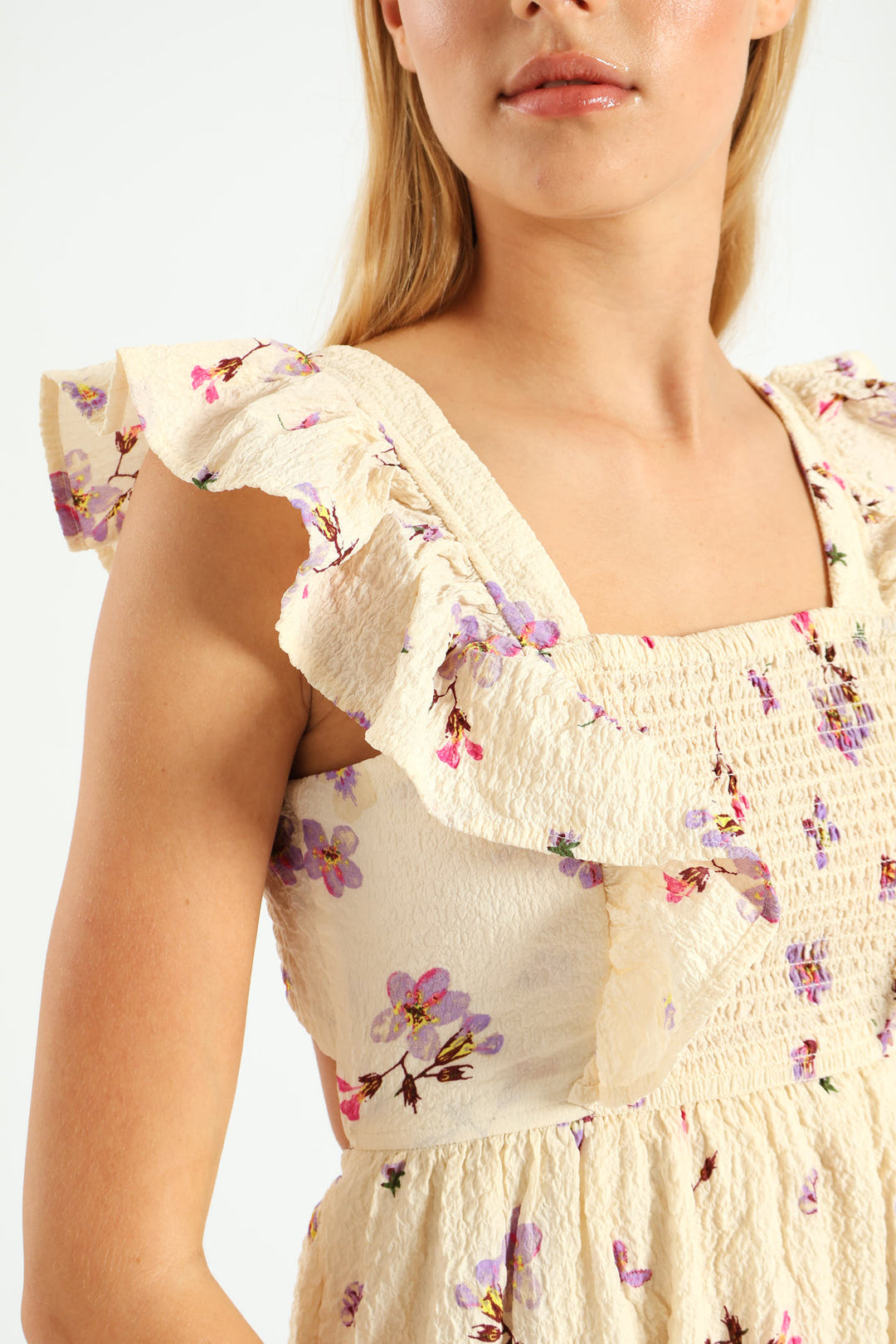 Floral Frill Mini Dress - Cream