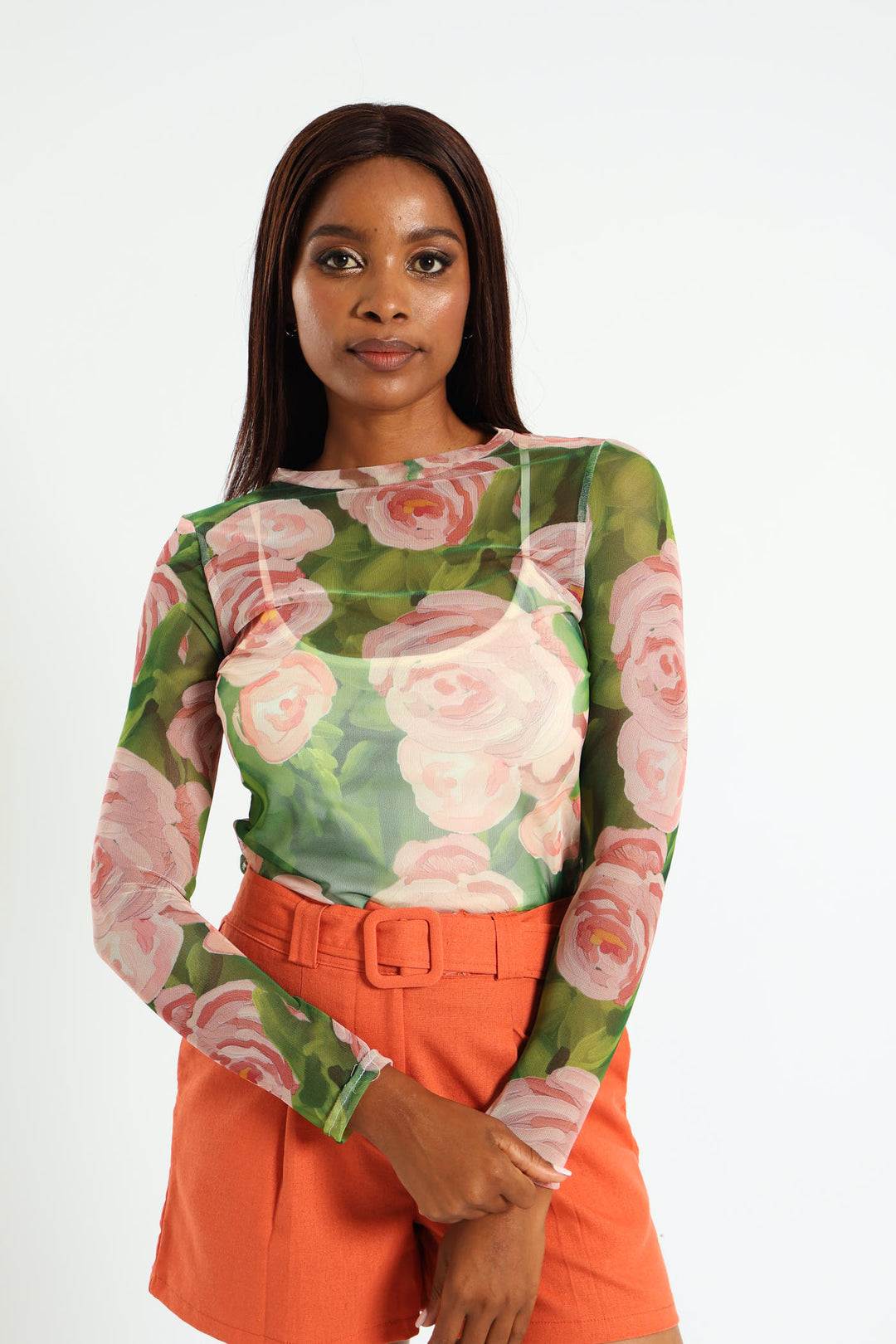 Long Sleeve Floral Mesh Top With Cami