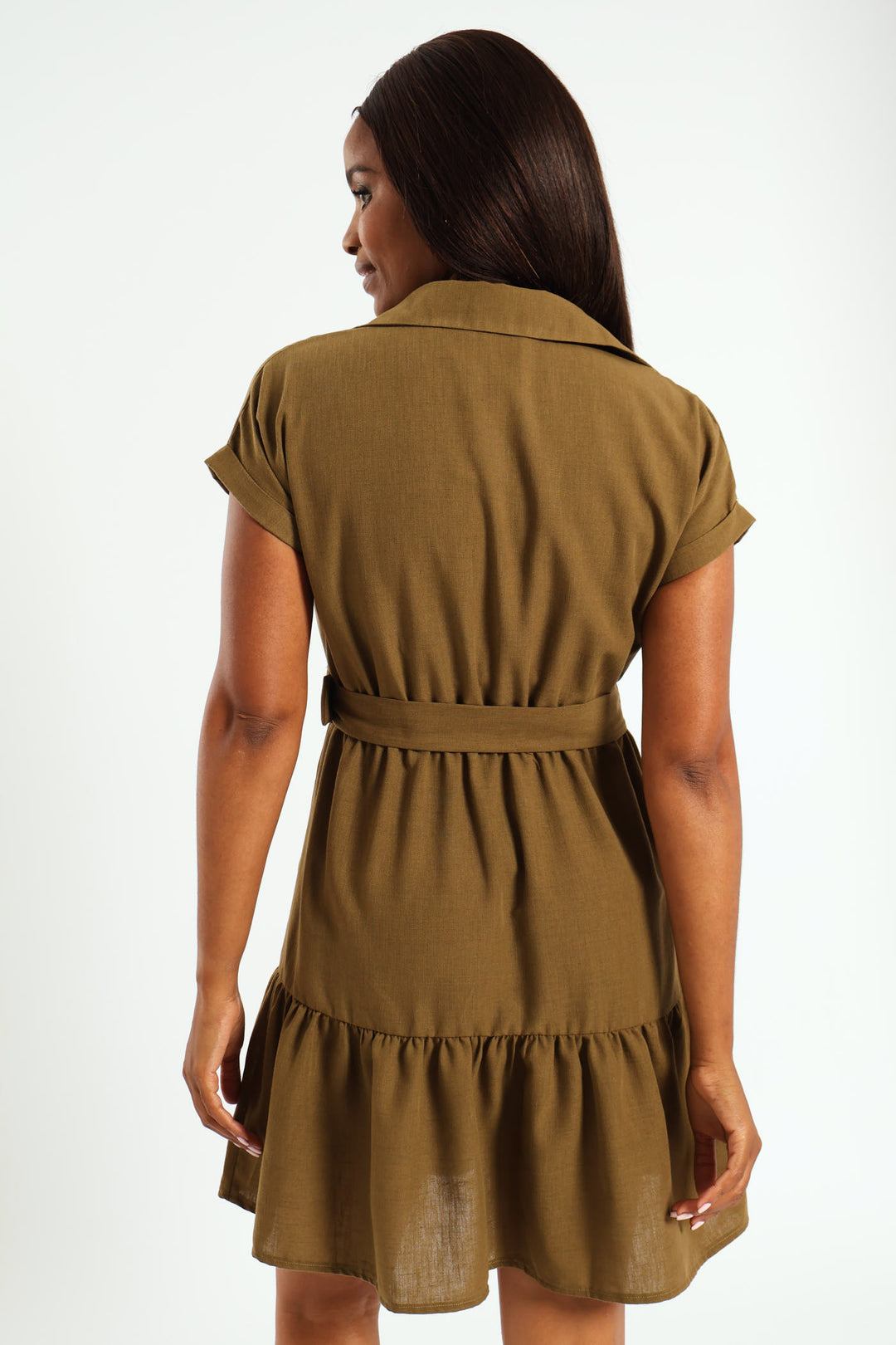 Button Through Tiered Belted Mini Dress - Olive