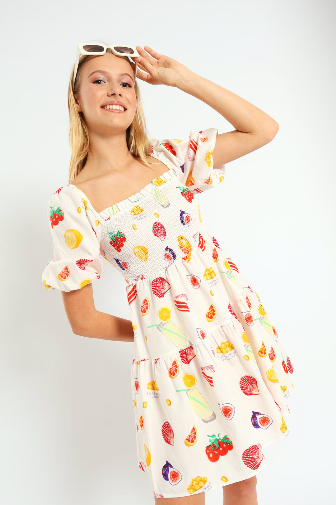 Fruity Puff Sleeve Mini Dress - White